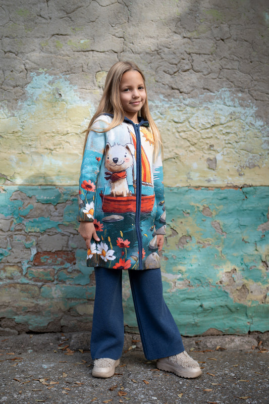 BAIKA kaputić za devojčice Mornar – štrikani kaput sa motivom psa mornara u čamcu na plavoj podlozi sa cvetovima i suncem