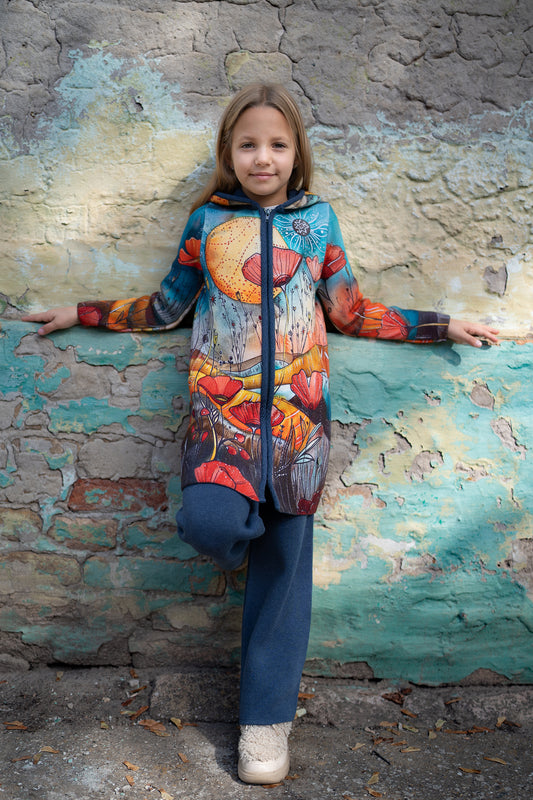 BAIKA kaputić za devojčice Vojvodina – štrikani kaput sa motivom sunca i crvenih makova u narandžasto-plavim tonovima