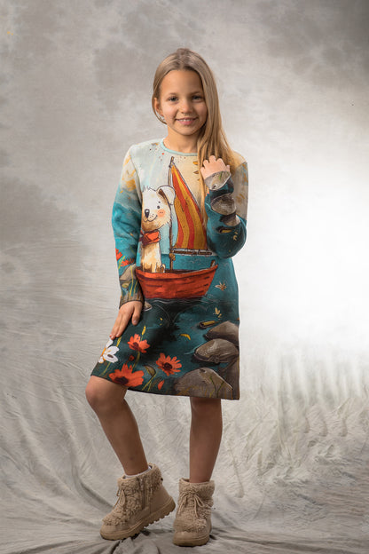 BAIKA haljina za devojčice Mornar – zimska štrikana haljina od 100% pamuka spolja sa motivom psa mornara u crvenom čamcu