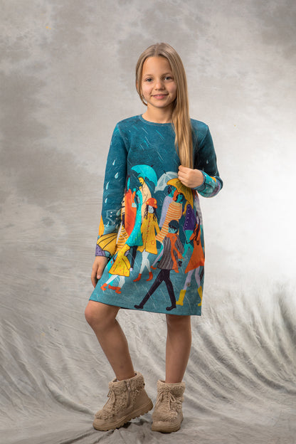 BAIKA haljina za devojčice Kiša – zimska štrikana haljina od 100% pamuka spolja sa urbanim motivom kišobrana i prolaznika