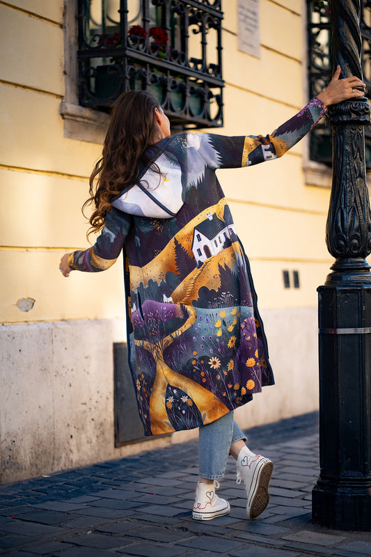 BAIKA ženski štrikani kaput Zlatna staza – pejzaž u zlatnim tonovima, kapuljača ili kragna, midi 85 cm ili maxi 100 cm