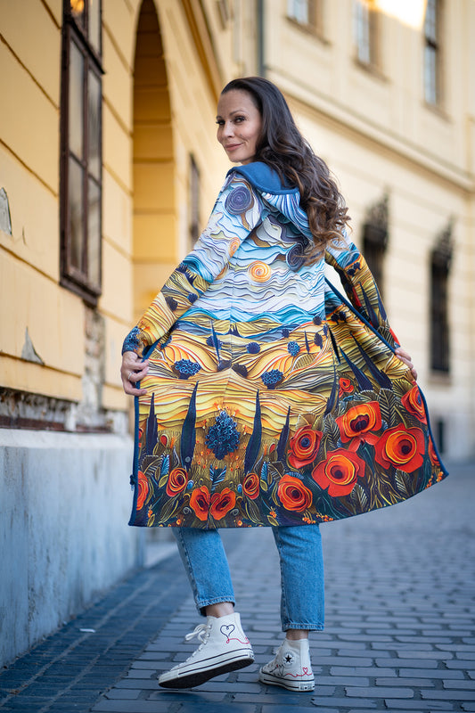 BAIKA kaput za žene Ulje na platnu – štrikani kaput sa kapuljačom i umetničkim pejzažnim dezenom u zlatnim i plavim tonovima