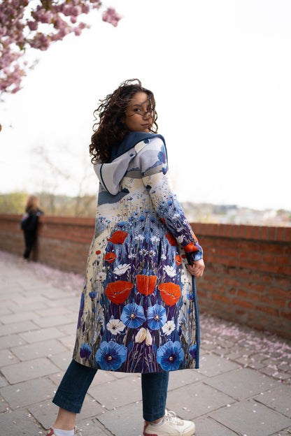 BAIKA ženski kaput Livada – strukirani štrikani kaput sa cvetnim motivima u plavim, belim i narandžastim tonovima