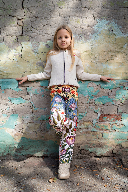 BAIKA zimske pantalone za devojčice Proleće – pletene šarene pantalone sa cvetnim dezenom i elastičnim pojasom