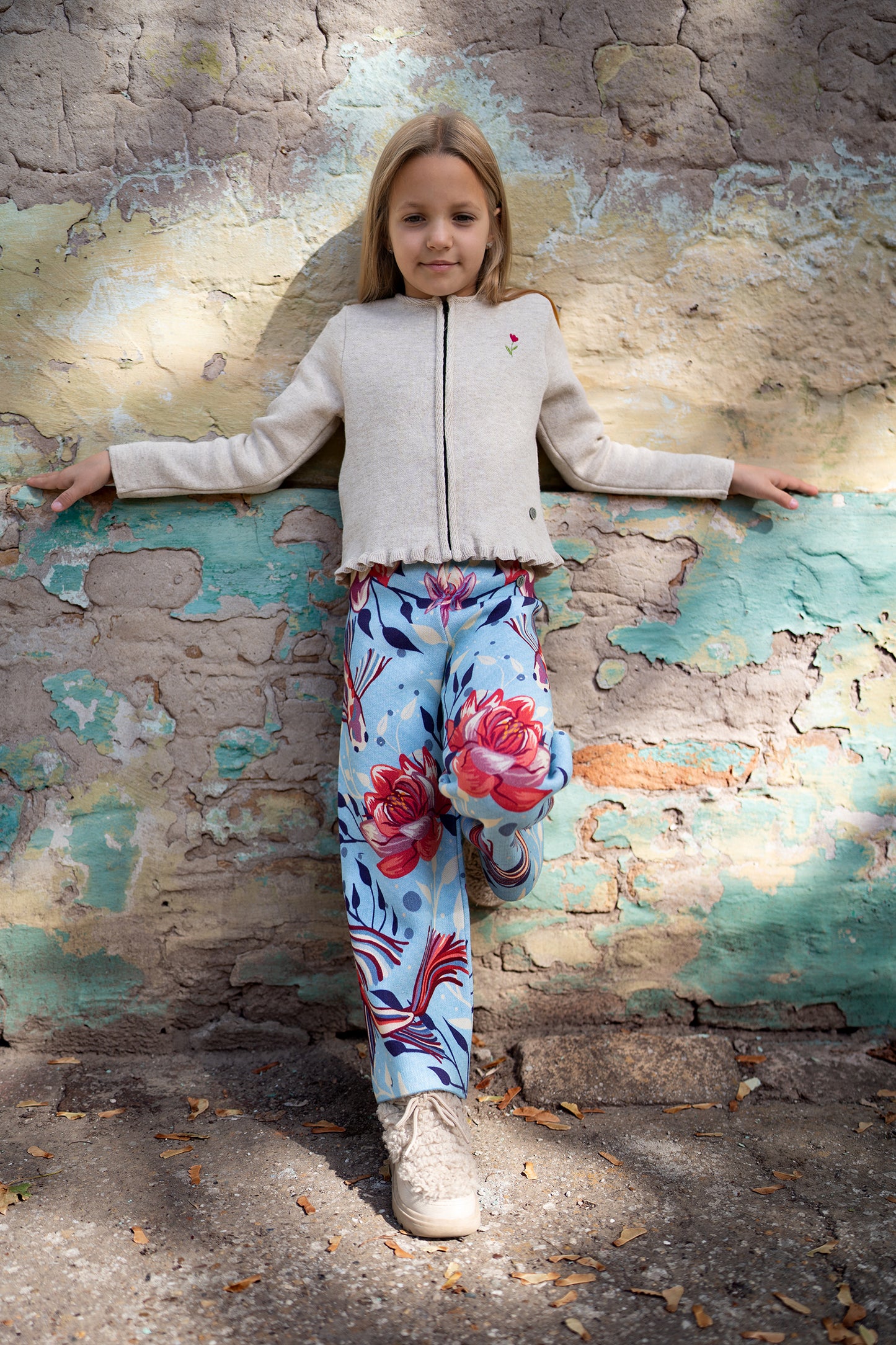 BAIKA zimske pantalone za devojčice Japanski vrt – šarene pletene pantalone sa cvetnim dezenom i elastičnim pojasom