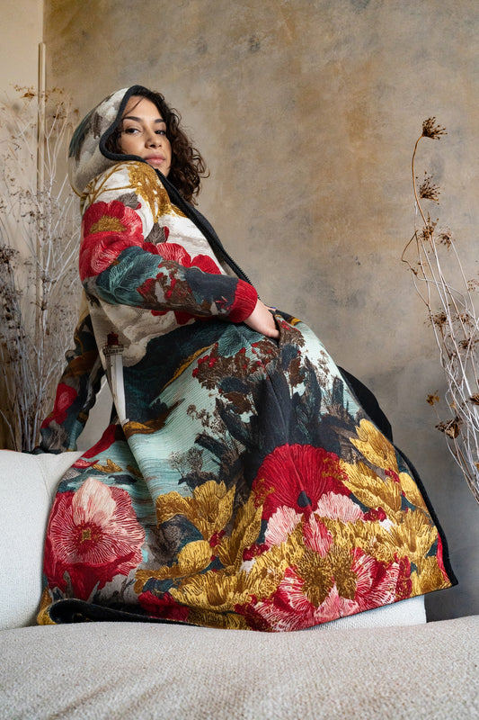 BAIKA ženski štrikani kaput Goblen – umetnički dezen, strukirani kroj, midi ili maxi dužina